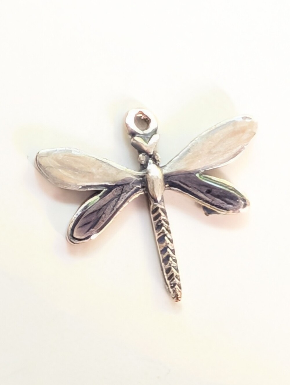 Vintage Silver Tone Cream Gray Enamel Boho Style Dragonfly Mini Pendant Charm